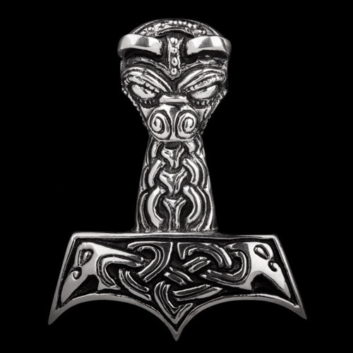 Large Viking Animal Head Thors Hammer with birds ravens solid