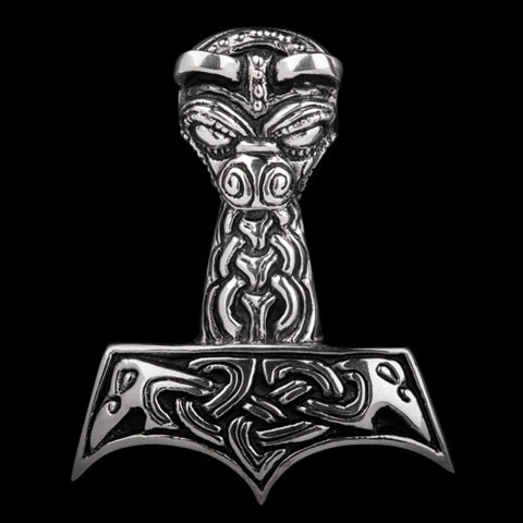 Large Viking Animal Head Thors Hammer with birds ravens solid